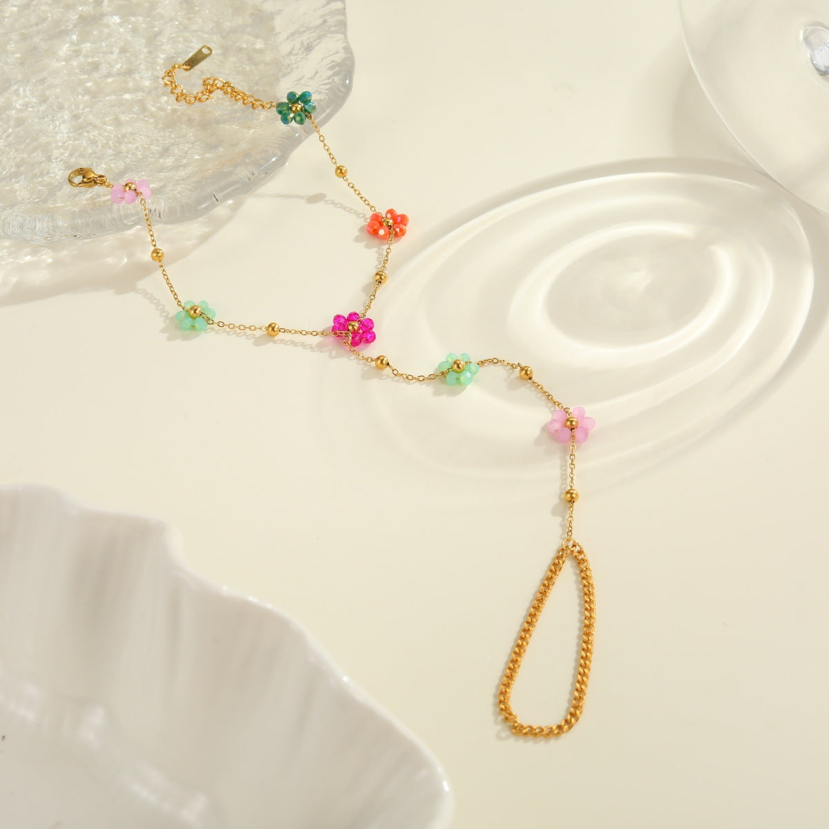 Beaded Flower Finger Ring Stainless Steel Bracelet Real Gold Electroplated Bracelet