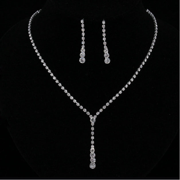 C192 New Europe simple bride Rhinestone Necklace ear suit 2 pieces of wedding jewelry sweater chain