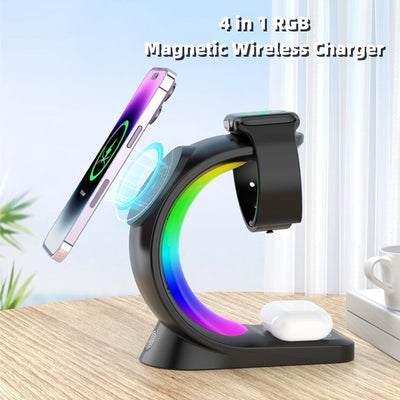 4 In 1 Magnetic Wireless Charger Fast Charging For Smart Phone Atmosphere Light Charging Station For Airpods Pro I-phone Watch Shopmisty