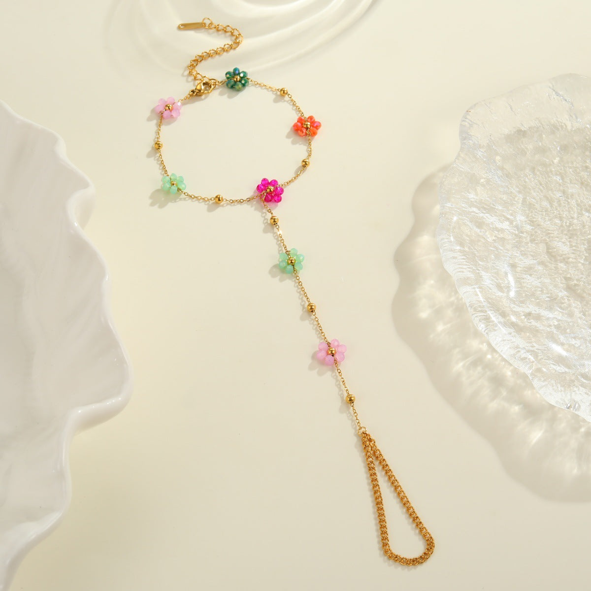 Beaded Flower Finger Ring Stainless Steel Bracelet Real Gold Electroplated Bracelet