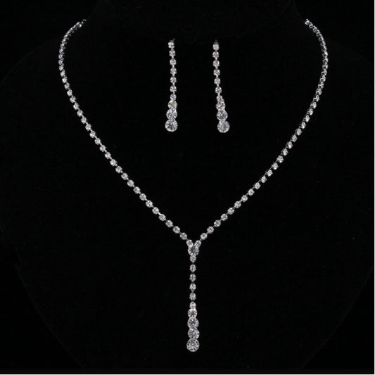 C192 New Europe simple bride Rhinestone Necklace ear suit 2 pieces of wedding jewelry sweater chain