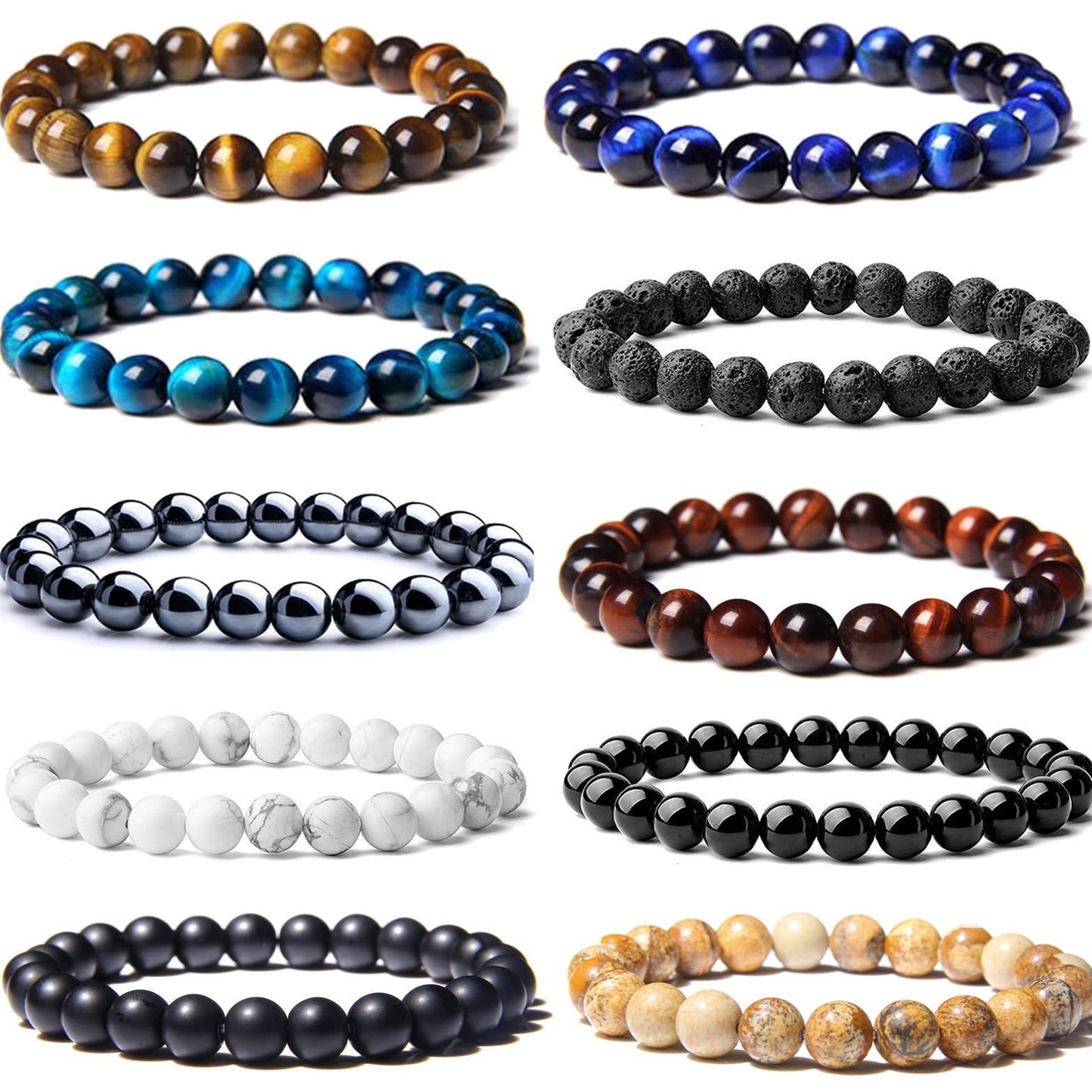 8mm Natural Gemstone Bracelet Tiger Eye Stone White Turquoise
